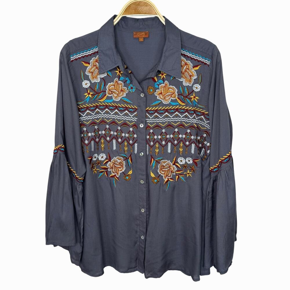 SCULLY Embroidered Floral Blouse - Gray